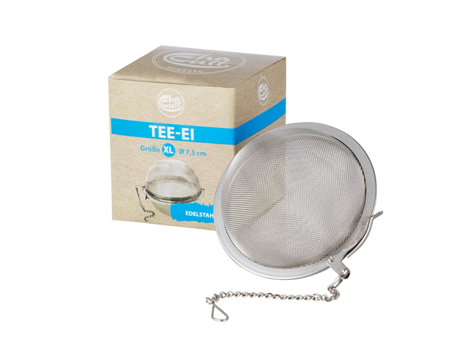 Large tea ball infuser, made of high quality stainless steel with clip and chain, 7.5 cm diameter