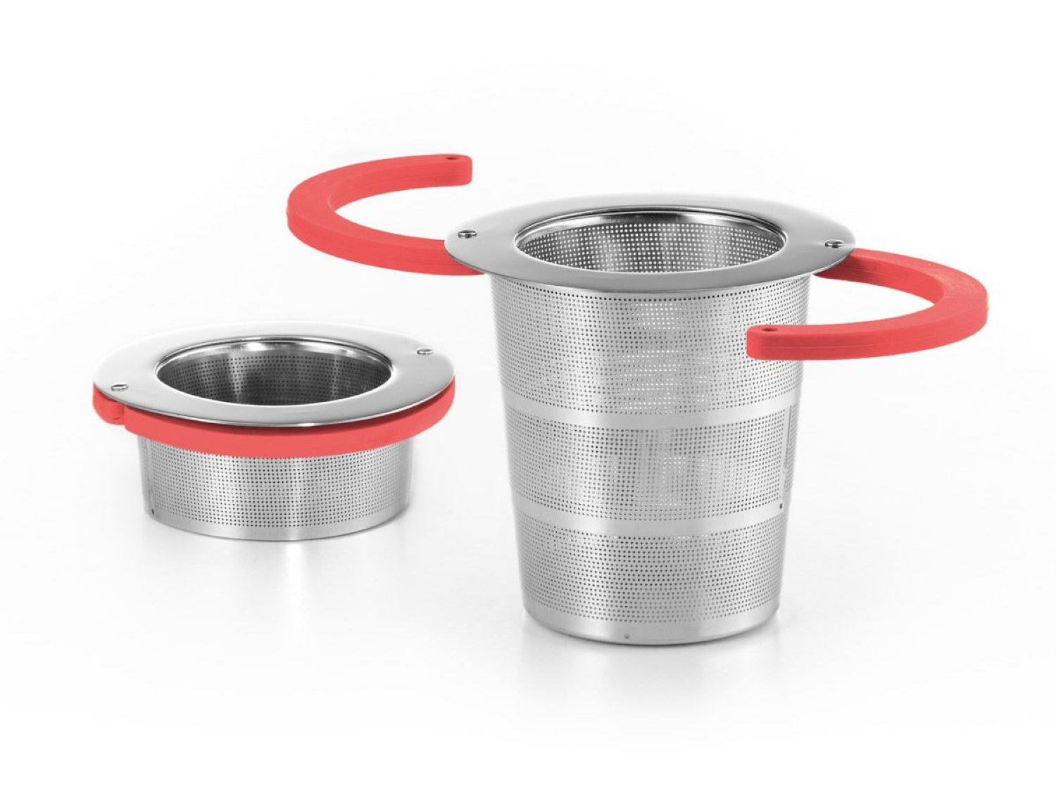 Collapsible stainless steel mesh tea infuser with red silicone handles