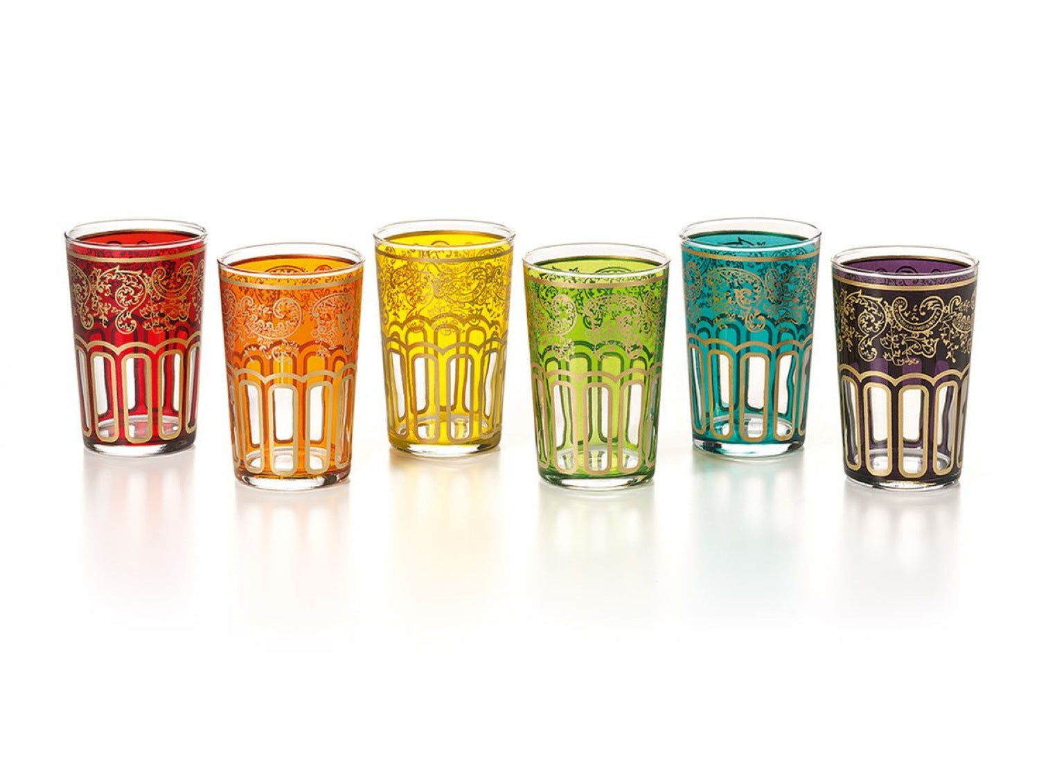 Set of six beautifully decorated colourful heat resistant tea glasses  