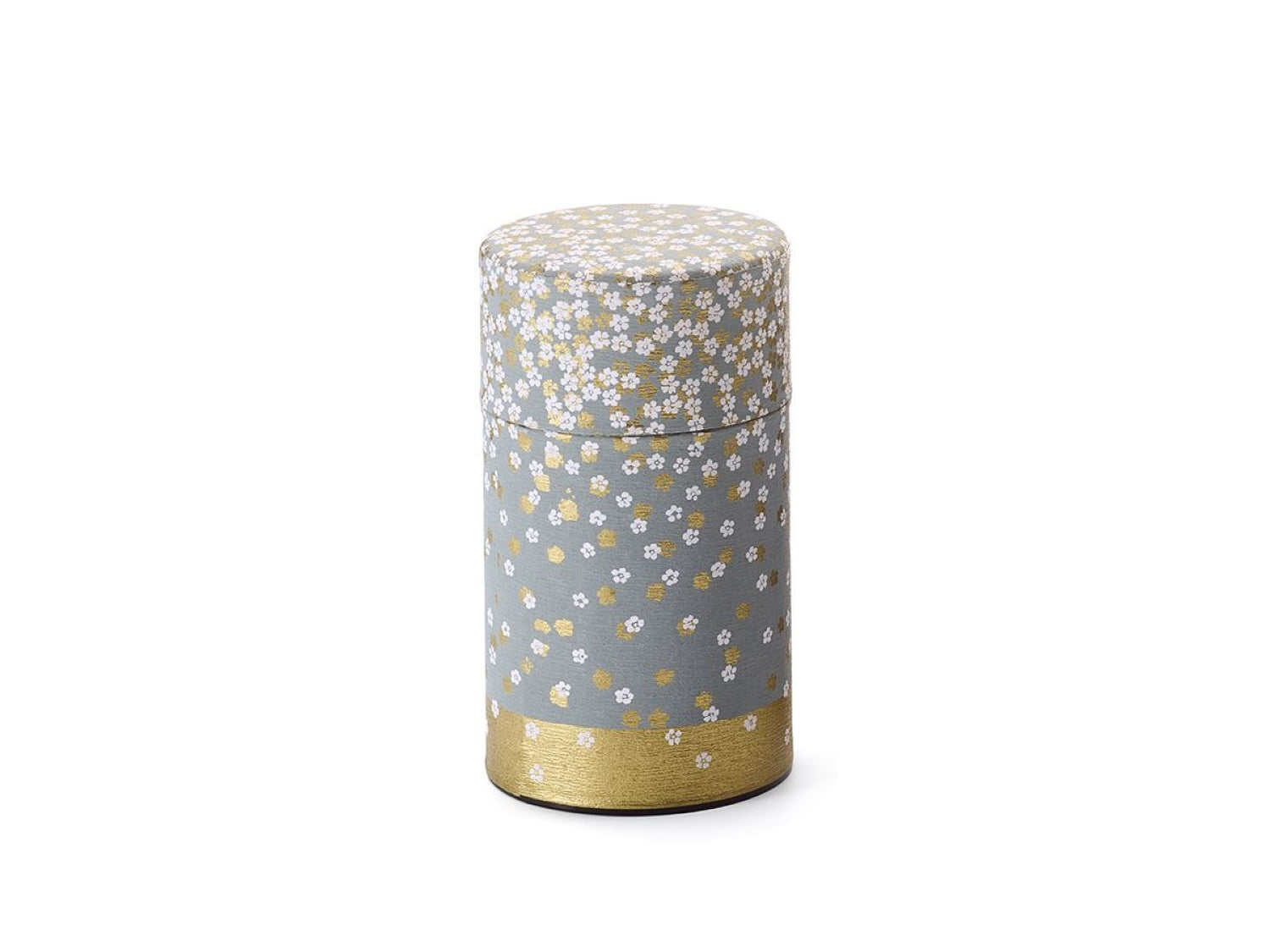 Cylindrical tea caddy including inner airtight lid, with white and gold Japanese blossom pattern on blue background in two sizes (90g and 150g)