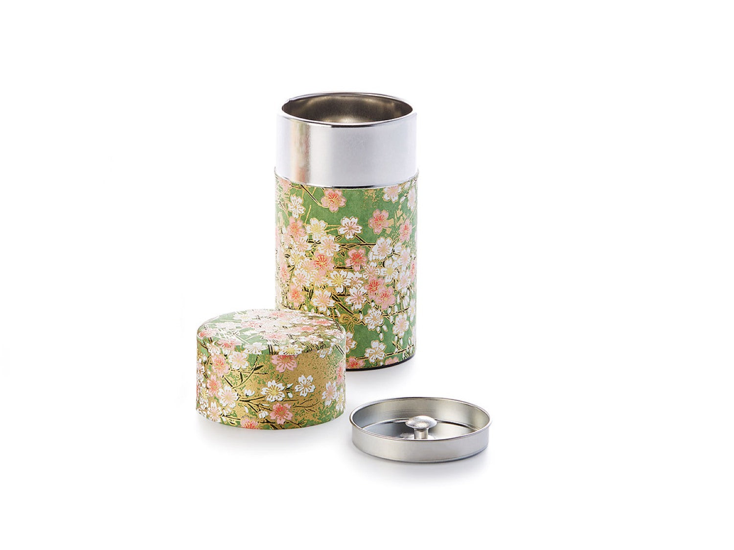 Cylindrical tea caddy including inner airtight lid, decorated with pink and cherry blossom pattern on green background in two sizes (90g and 150g)