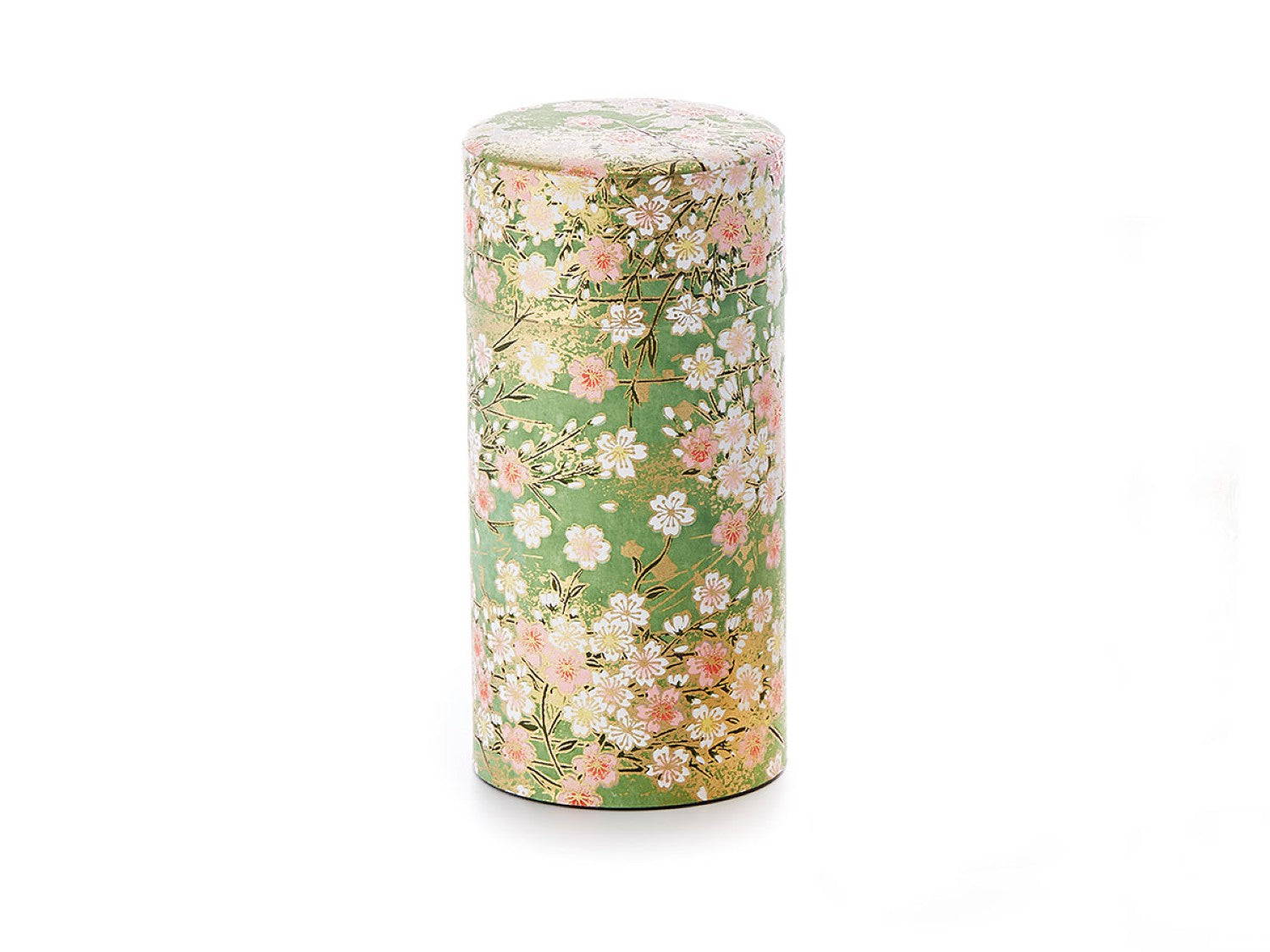 Cylindrical tea caddy including inner airtight lid, decorated with pink and cherry blossom pattern on green background in two sizes (90g and 150g)