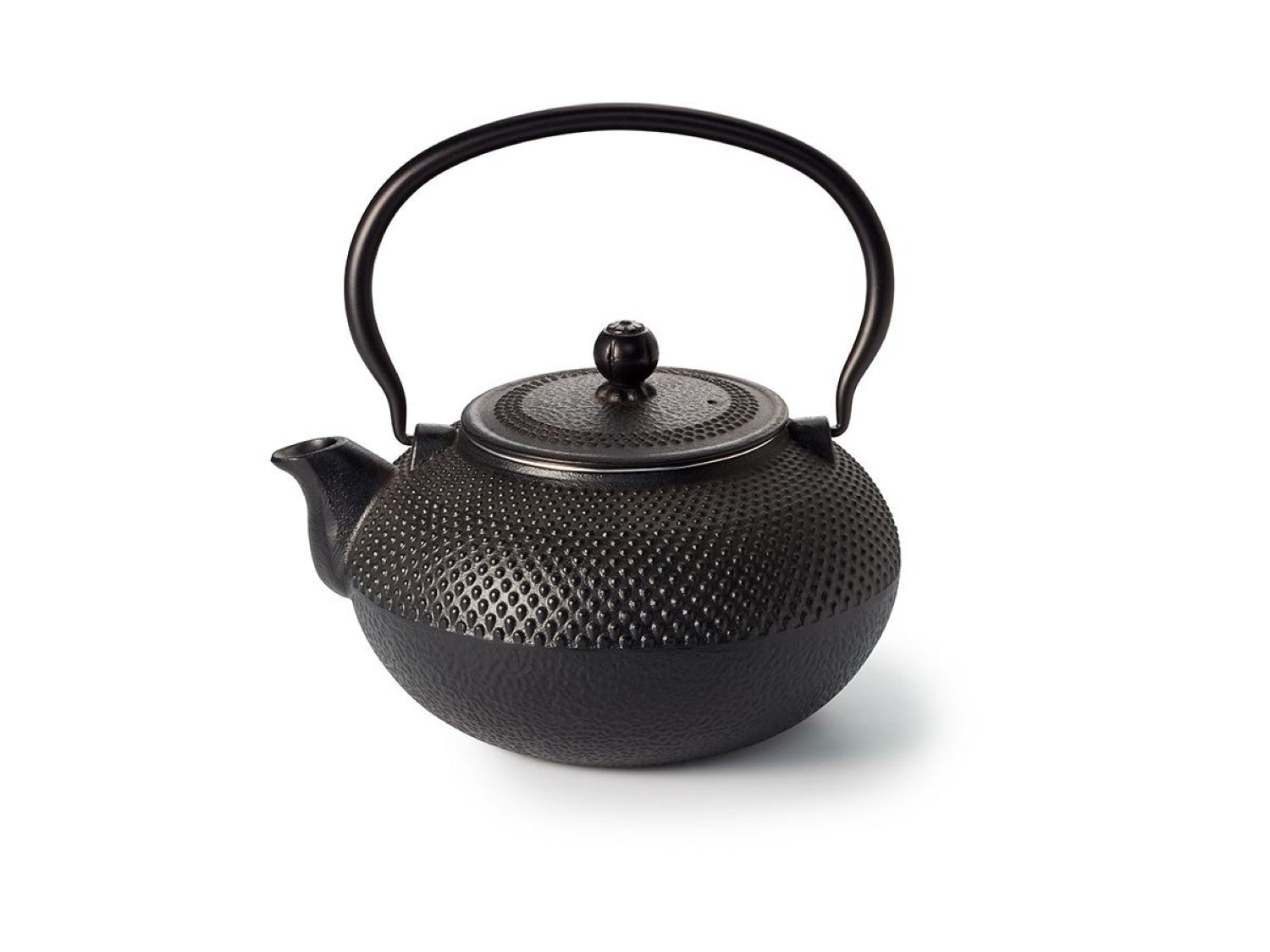 Large cast iron teapot, 1,500 ml volume in black with decorative pattern, lined with enamel 