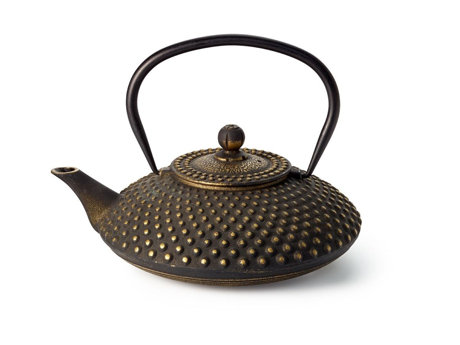 Decorative cast iron teapot in black and gold, lined with enamel, 1200ml volume