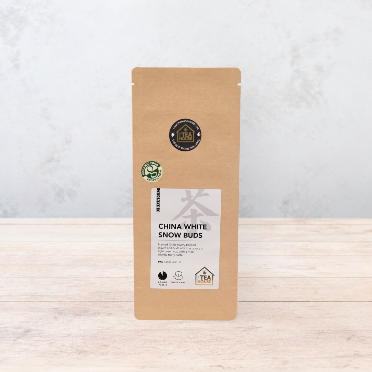 50g pack of organic white tea leaves from China, by The Tea House