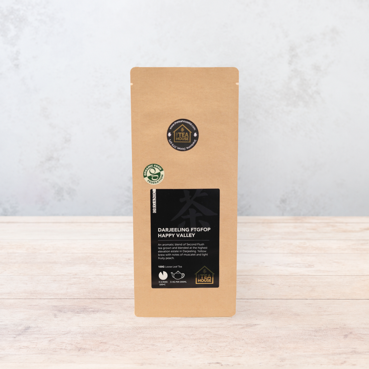 100g pack of Organic loose leaf black Darjeeling tea from the Happy Valley tea garden, by The Tea House