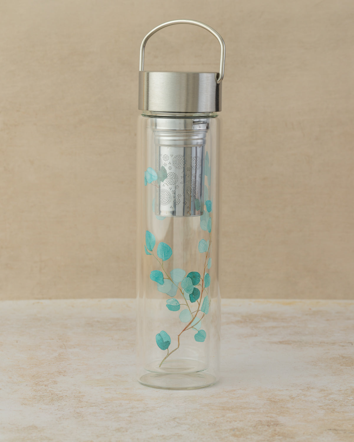 350ml clear double-walled borosilicate glass flask with blue design, stainless steel lid and inbuilt filter, by The Tea House