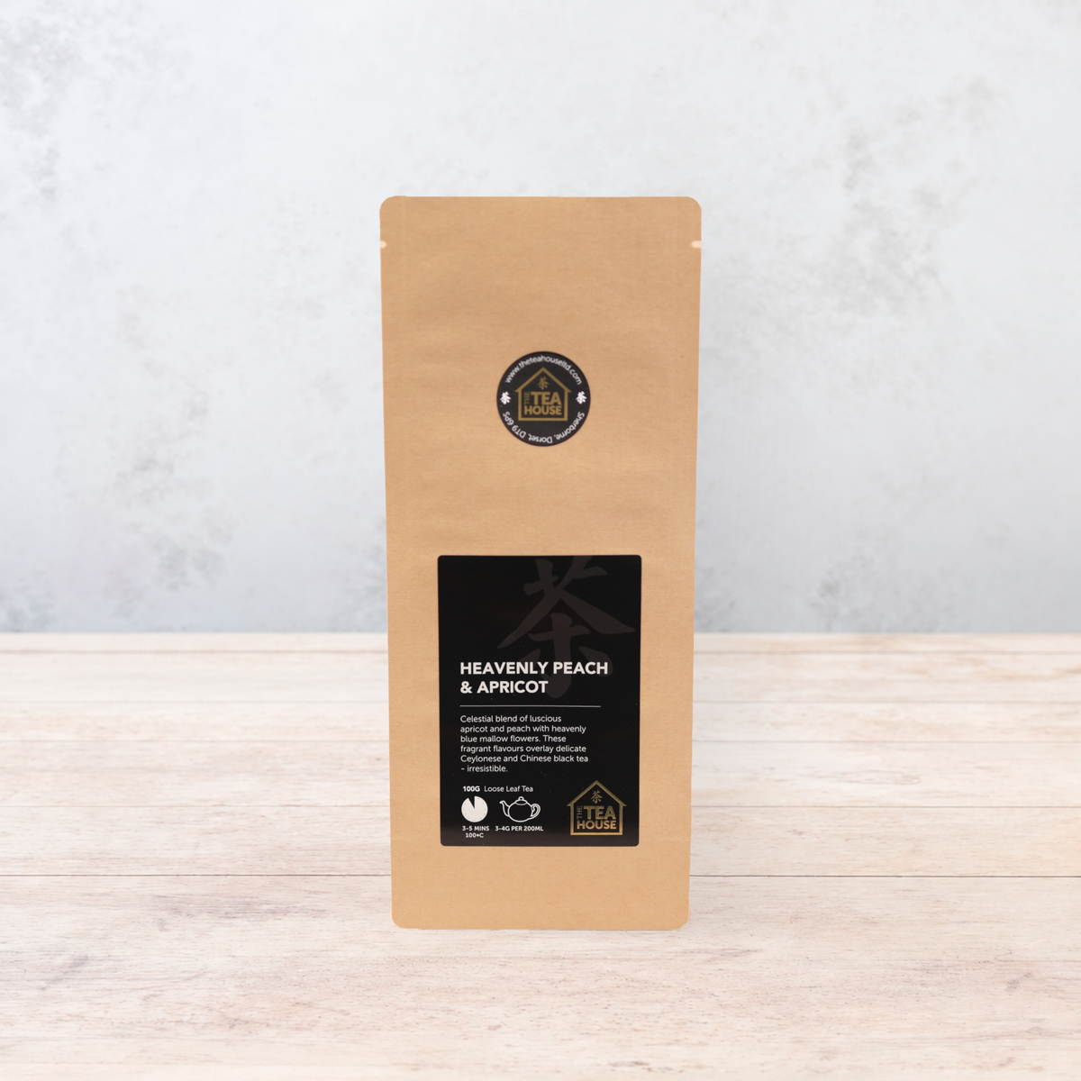 100g pack of black tea flavoured with peach and apricot, from The Tea House