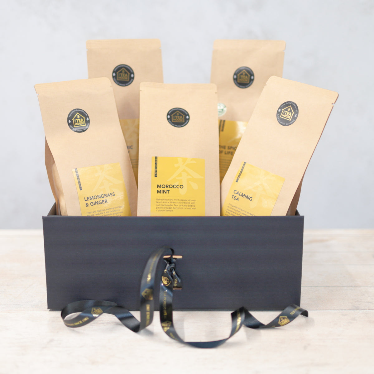 Five packs of herbal tea in a gift box