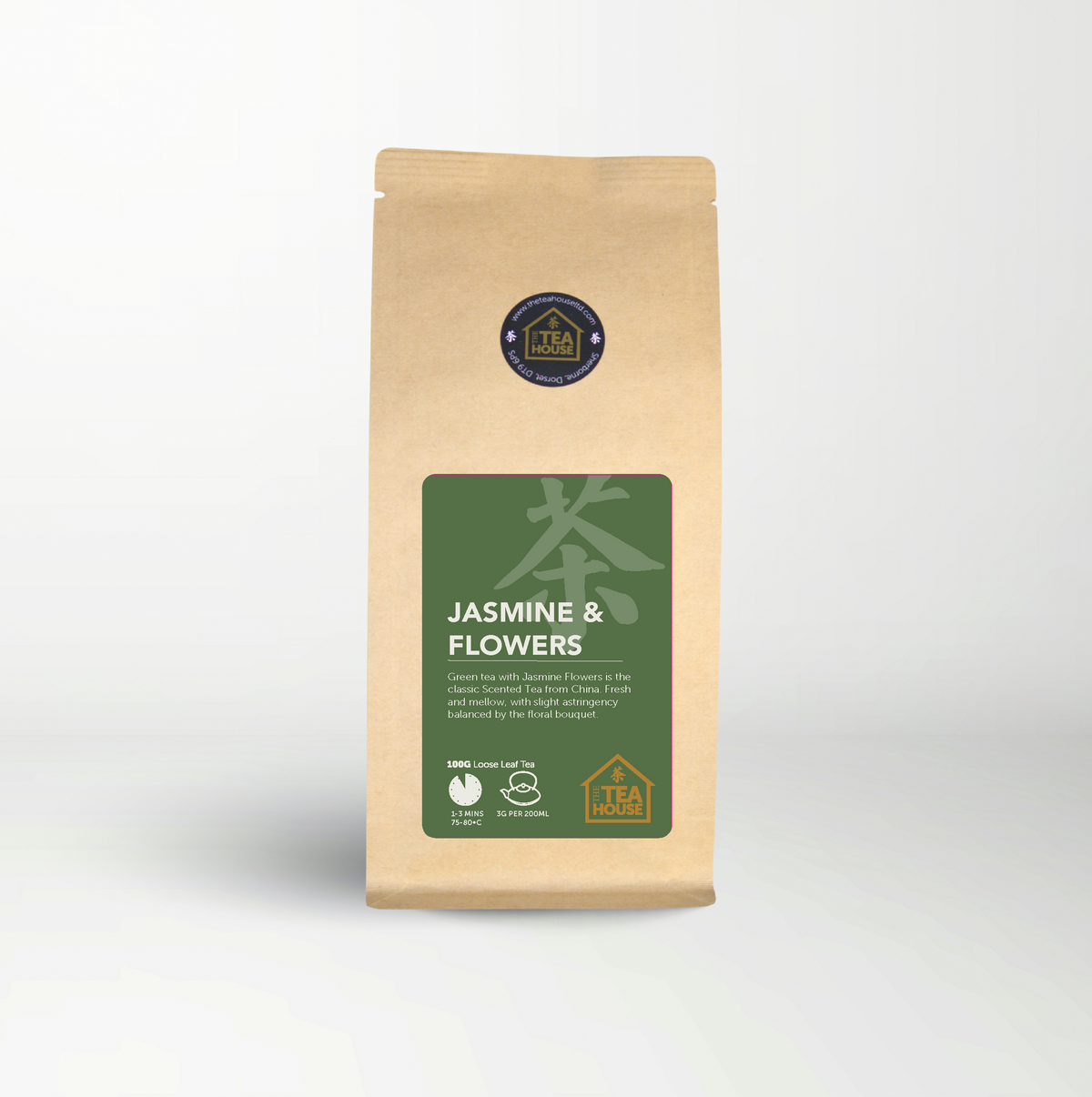 100g pack of green tea with jasmine flowers, by The Tea House