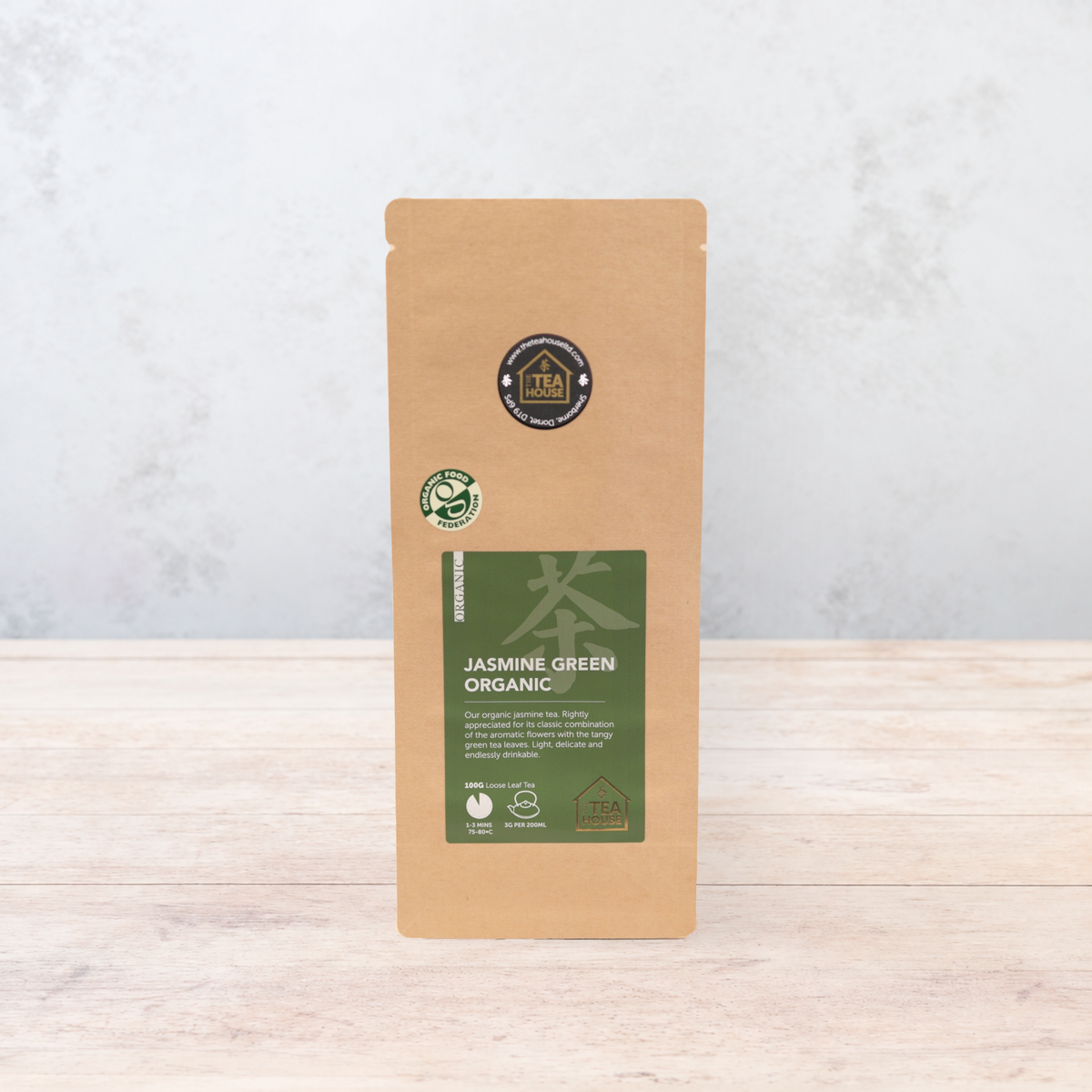 100g pack of organic jasmine green tea, by The Tea House