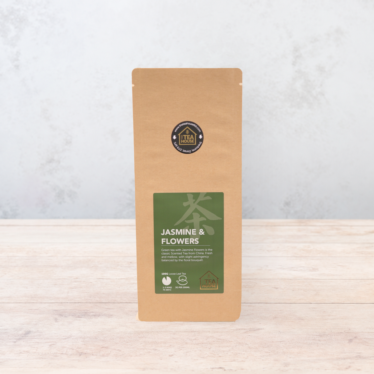 100g pack of green tea with jasmine flowers, by The Tea House