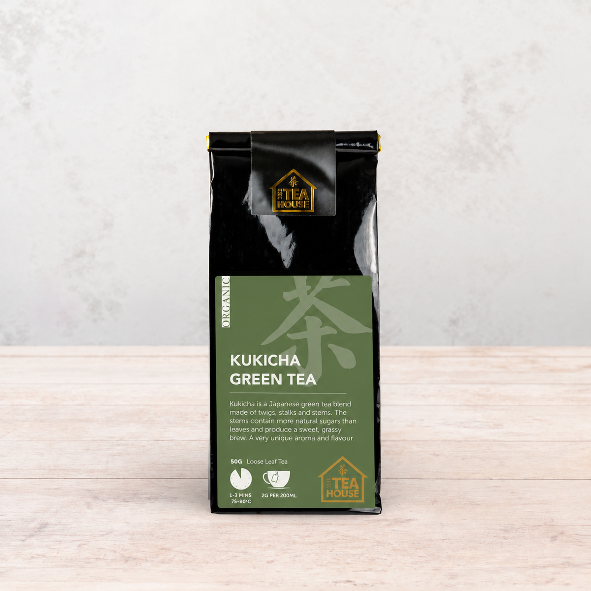 50g pack of Kukicha green tea, by The Tea House