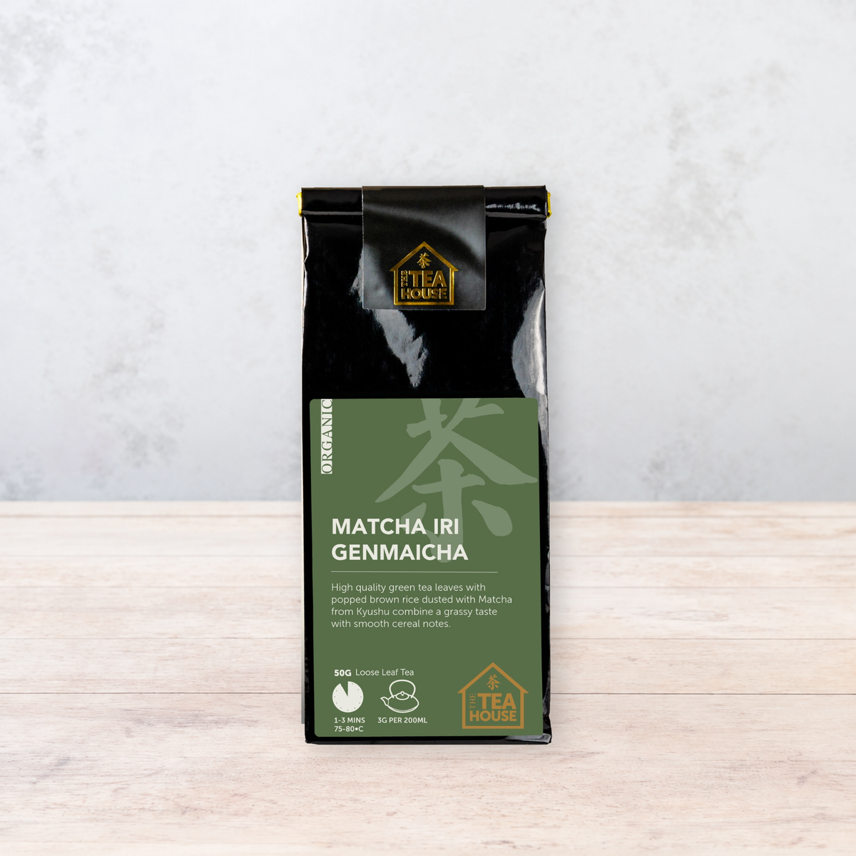 50g pack of organic green tea with roasted rice and matcha powder, by The Tea House