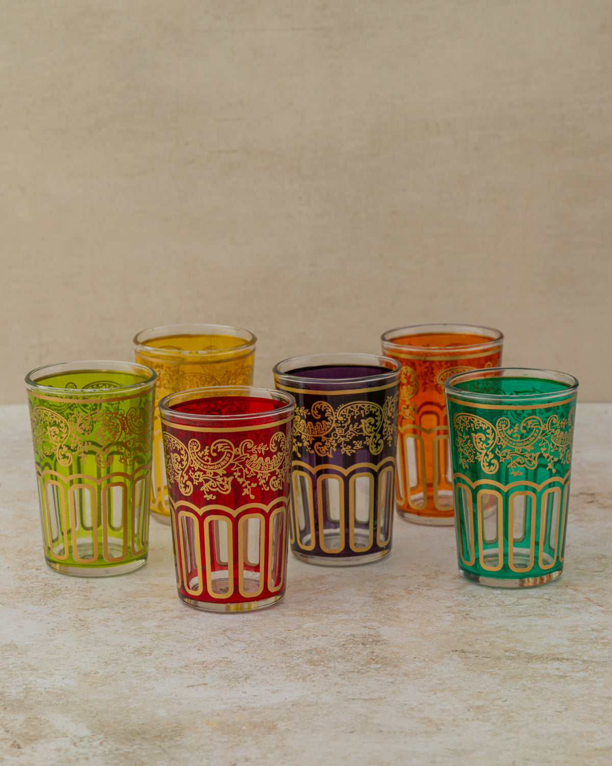 Colourful set of 6 Moroccan glass tea cups, each approx 150 ml capacity