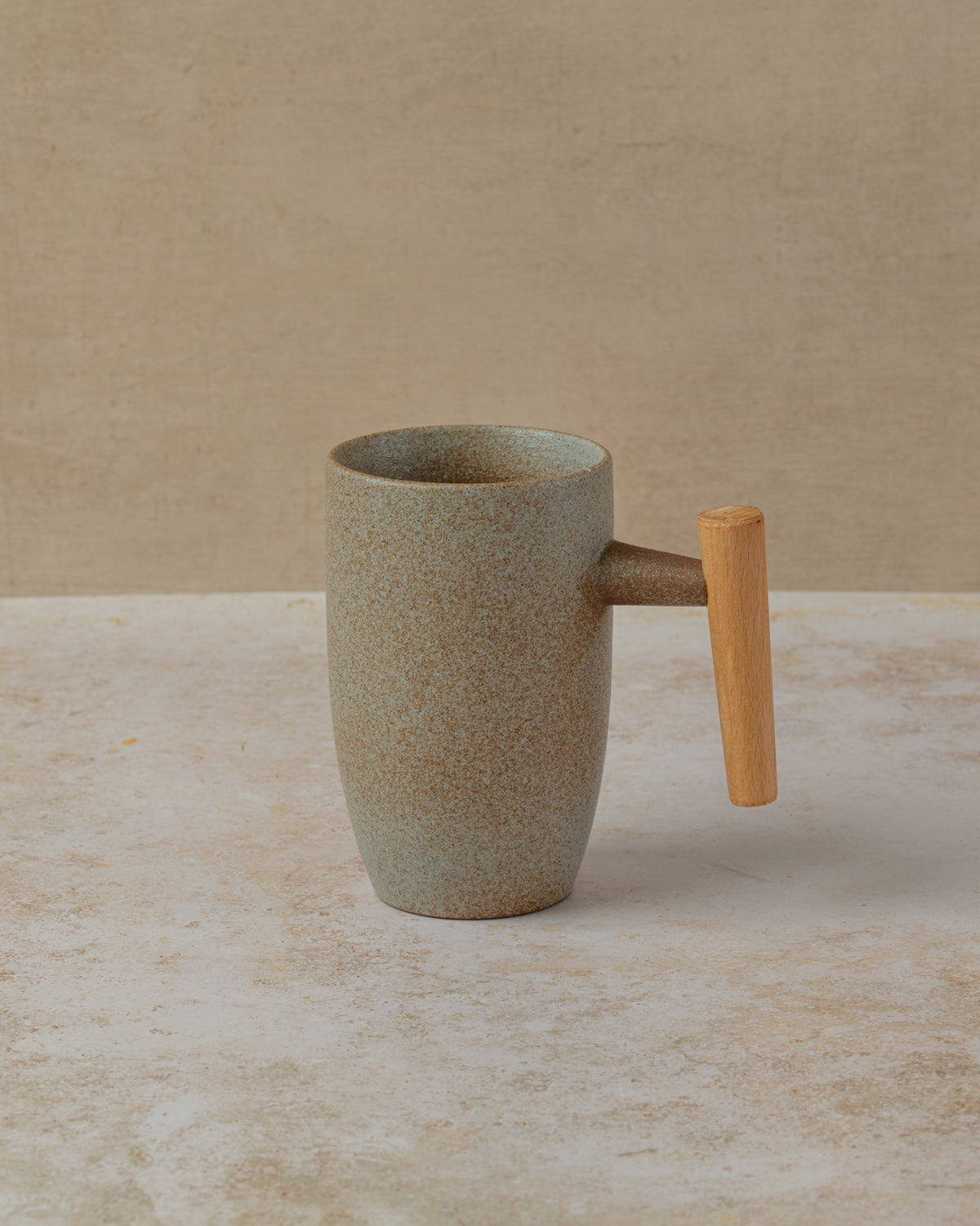 350ml porcelain mug with beech wood handle in duck egg grey, by The Tea House