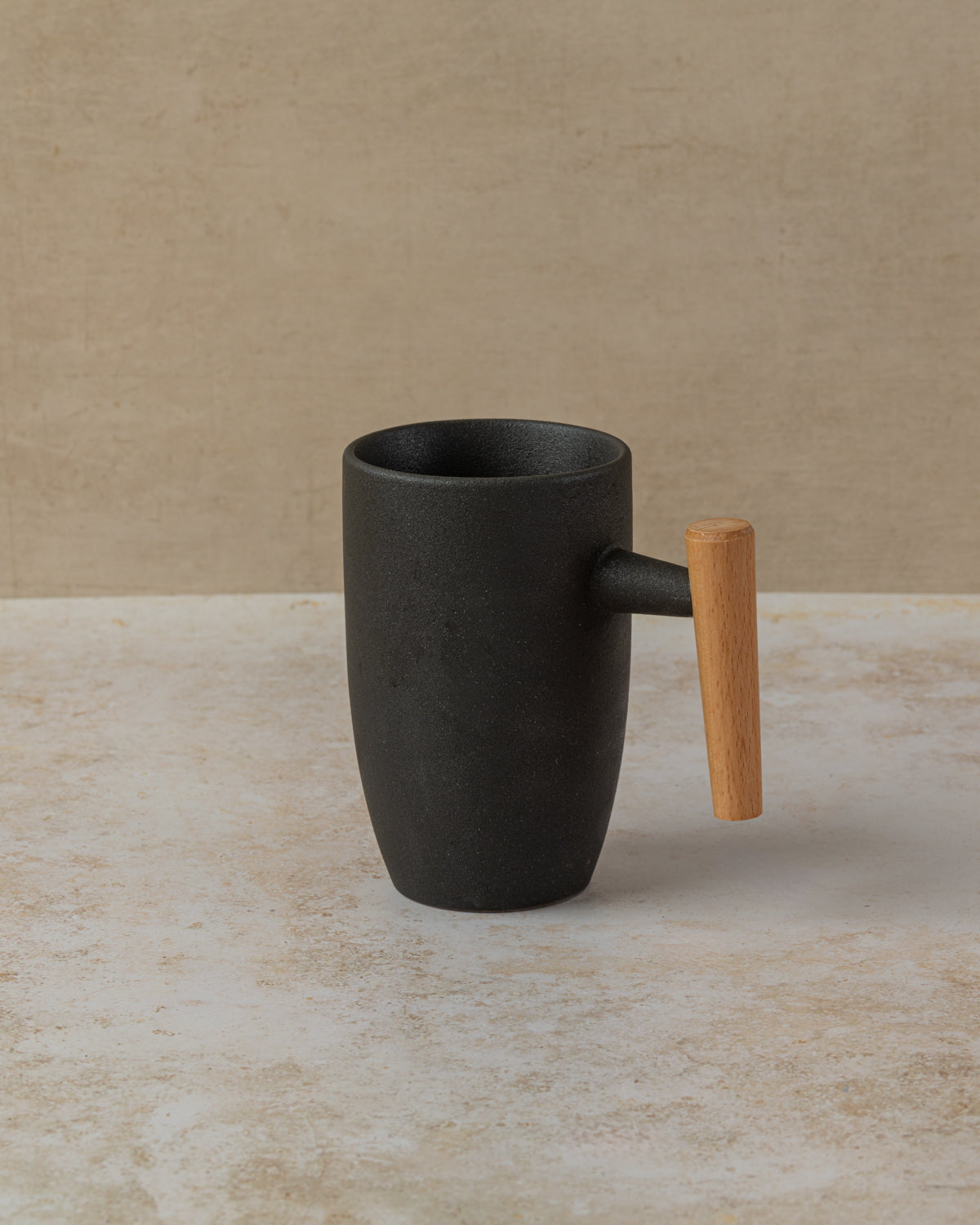 350ml porcelain mug with beech wood handle in dark grey, by The Tea House