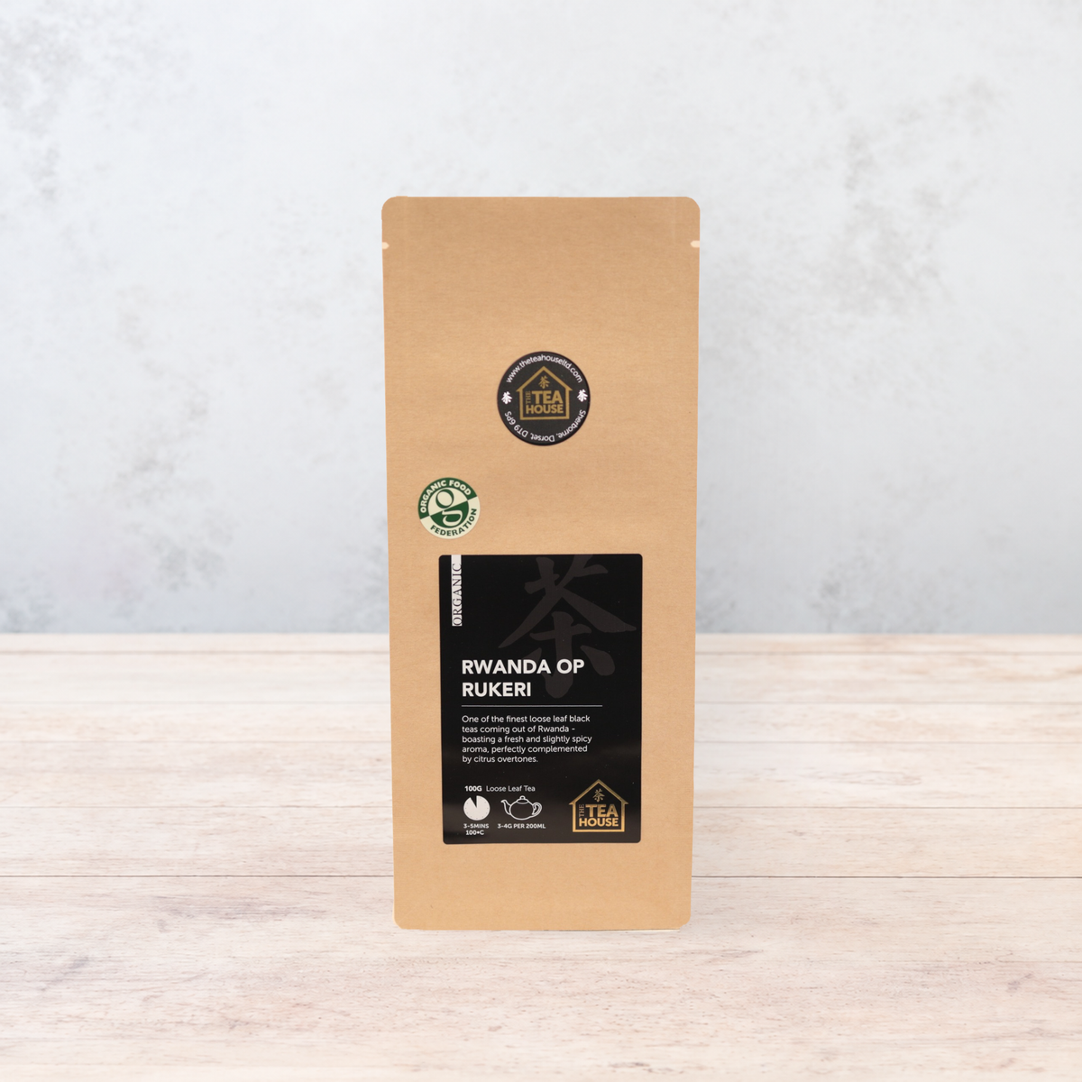 100g pack of organic loose leaf Rwanda black tea from the Rukeri tea garden, by The Tea House