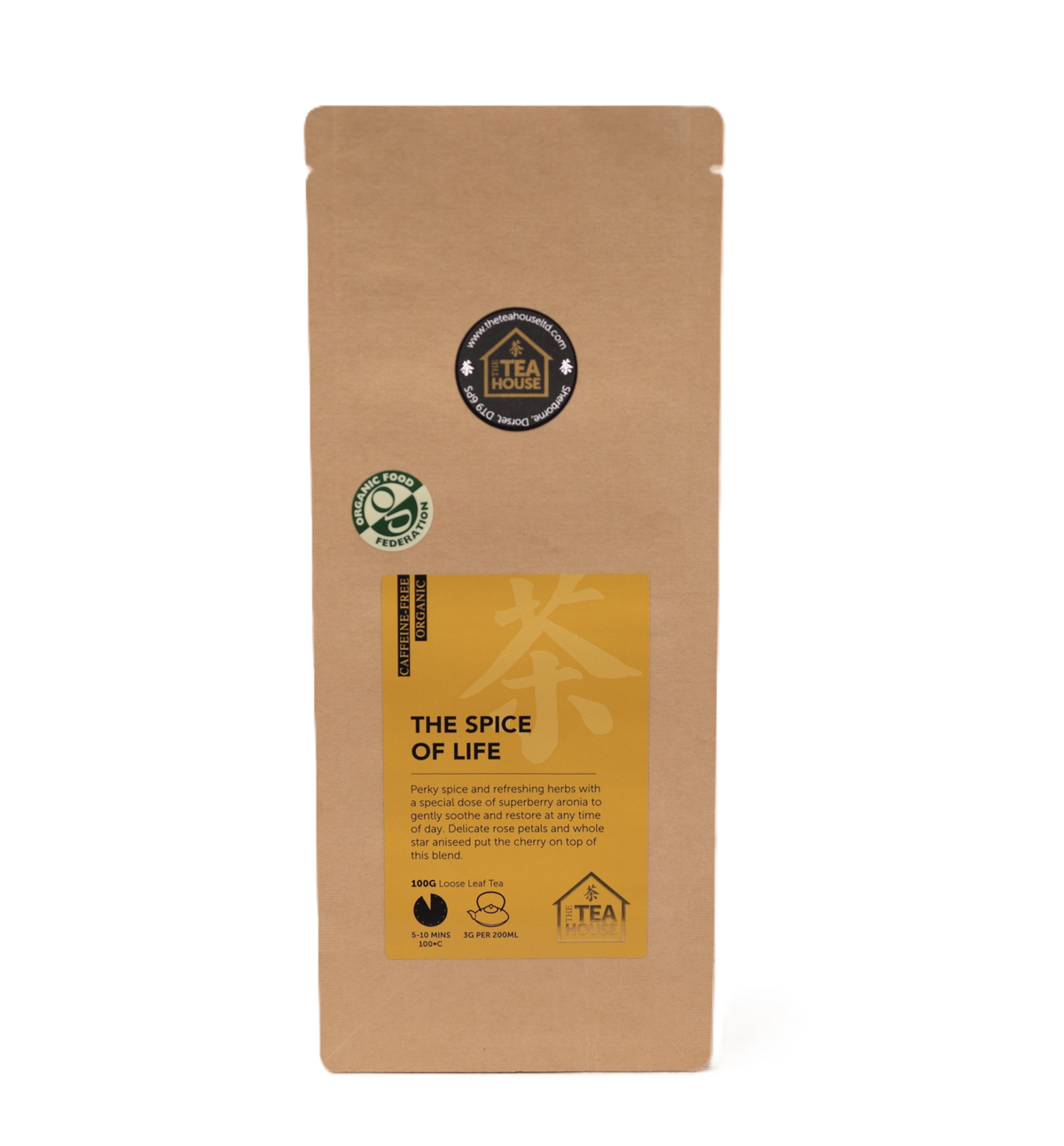 100g blend of Organic spice and herbal tea, naturally caffeine-free by The Tea House.