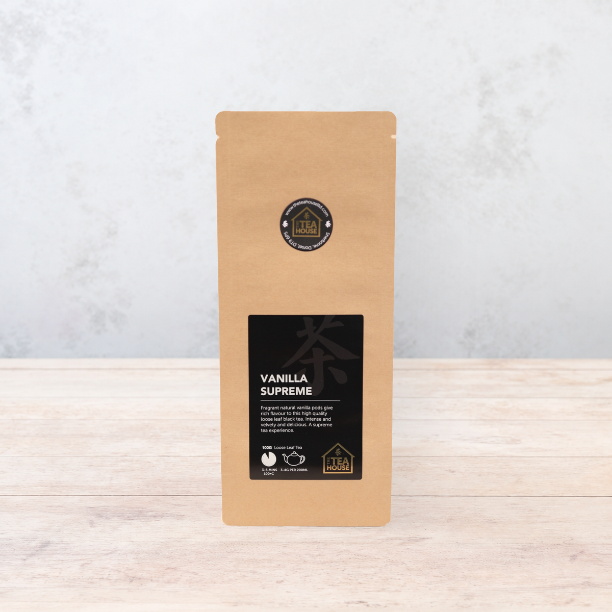 100g pack of black tea flavoured with real vanilla pieces, from The Tea House