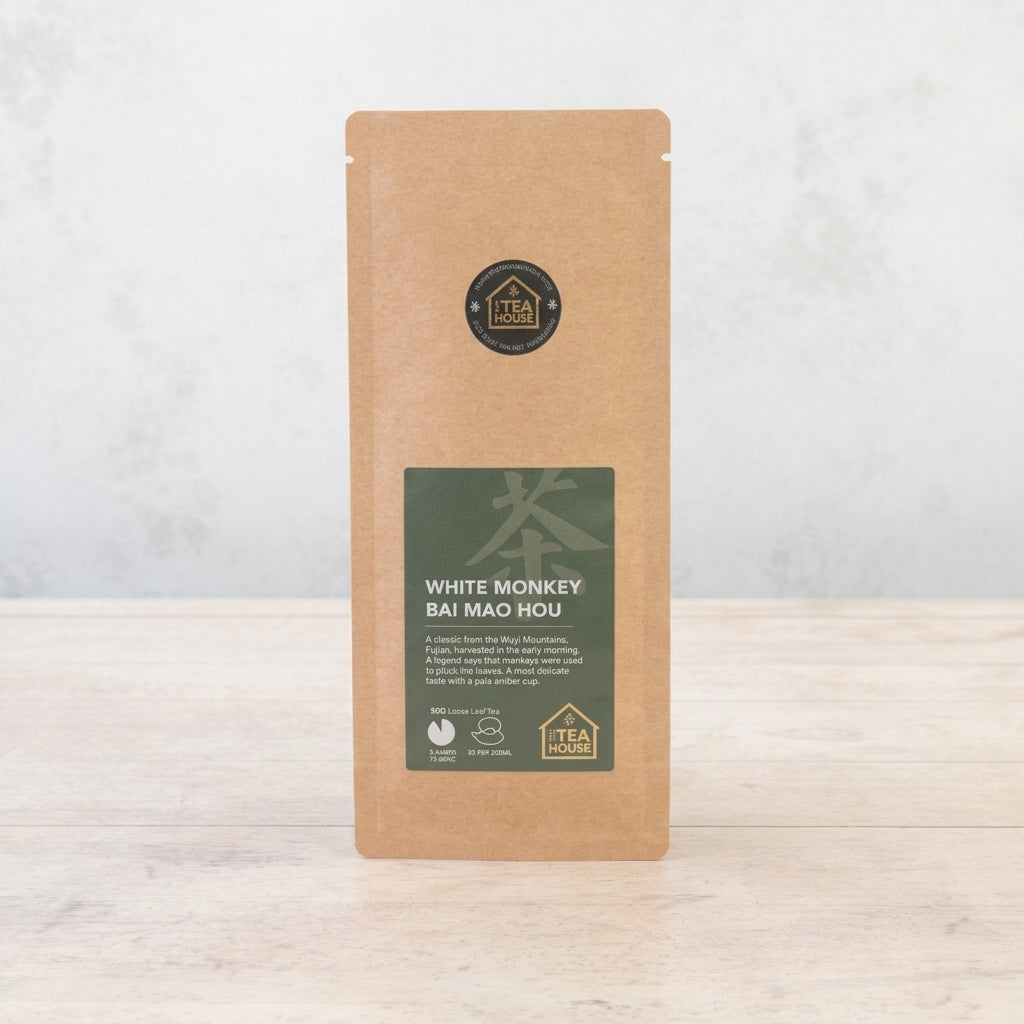50g pack of green tea labeled White Monkey Bai Mao Hou, by The Tea House