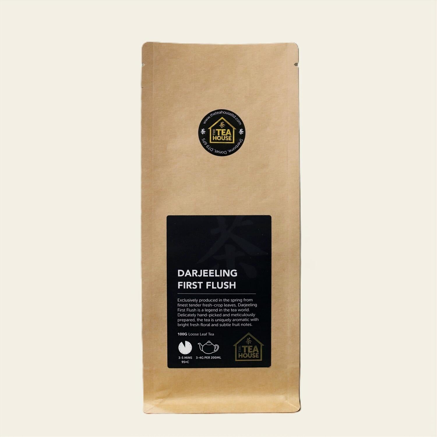 100g pack of black tea, entitled Darjeeling First Flush, by The Tea House