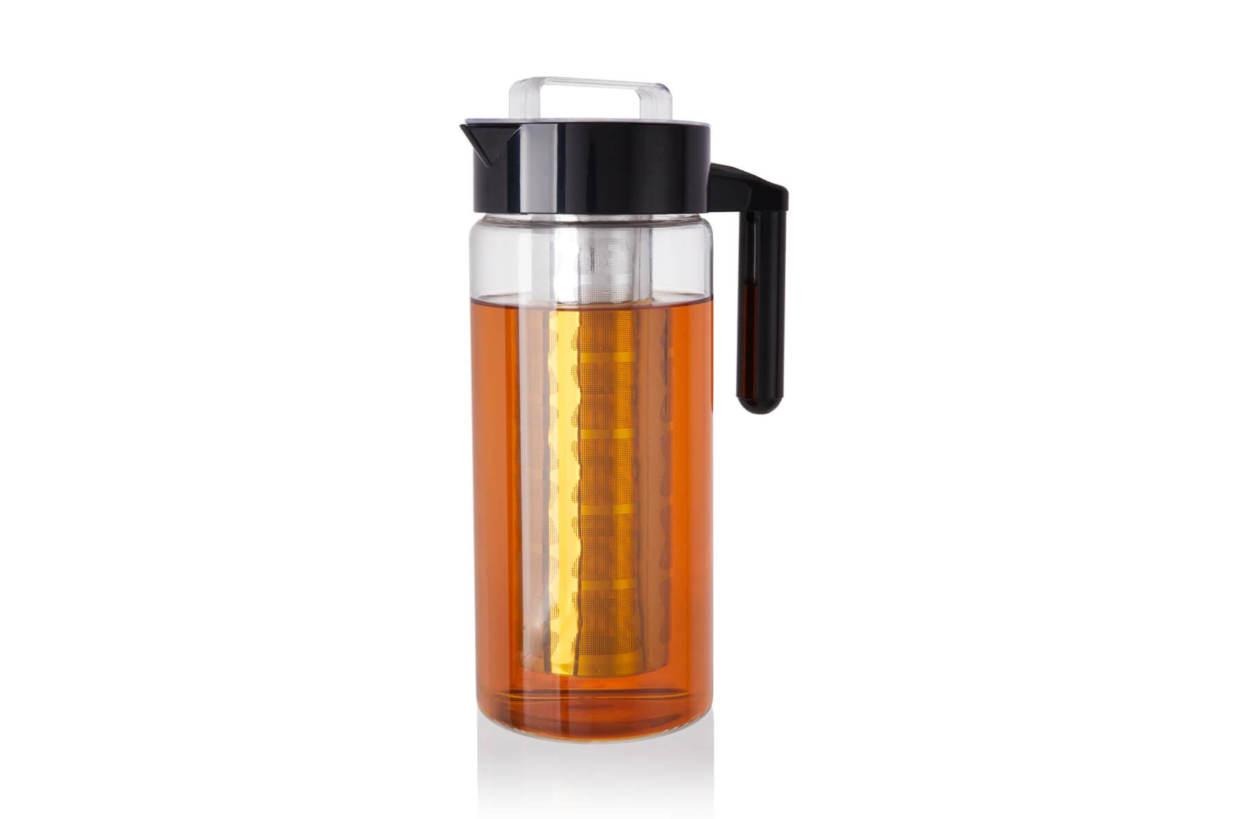 Iced tea pitcher - glass with stainless steel infuser basket and screw top lid.  Refrigerator door friendly, 1.3l capacity 